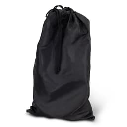 A black drawstring bag made of fabric, suitable for carrying sports equipment or accessories.
