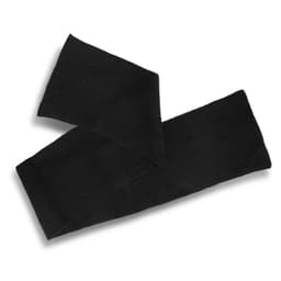 A black brushed scarf with a ribbed texture, featuring a logo on one side. Suitable as a clothing accessory.