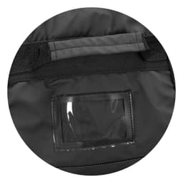 A black duffle bag with a clear plastic identification pocket and sturdy carrying handle. It features a logo.