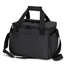 A dark grey cooler bag with a zippered top, adjustable shoulder strap, and sturdy handles. Features a logo.