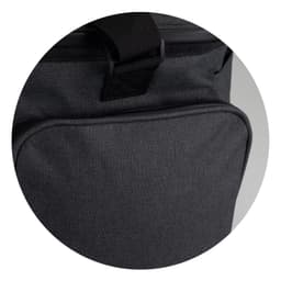 A grey cooler bag featuring a front pocket and a sturdy strap, designed for carrying beverages or food items.