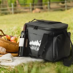 A dark grey cooler bag with a logo, surrounded by apples, a bottle of wine, and a picnic blanket.
