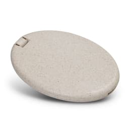 A compact sewing kit in a light beige case, oval-shaped with a smooth finish and a small clasp.