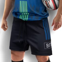 Custom men's rugby shorts in black, featuring blue stripes and a logo, paired with a rugby ball.