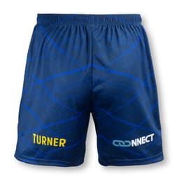 Custom men's soccer shorts in navy blue with blue geometric patterns and a logo on the right side.