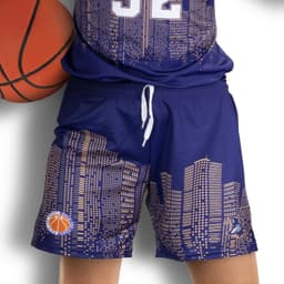 Custom women's basketball shorts in navy blue featuring a city skyline design and a basketball logo.