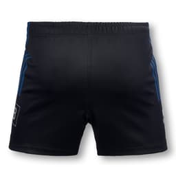 Black women's rugby shorts featuring blue stripes and a logo on the side, designed for sports activities.