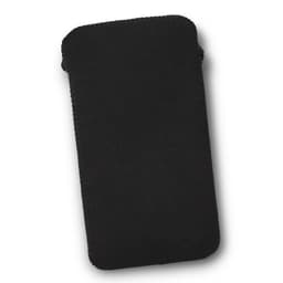 A black phone pouch with a smooth texture and rounded edges, featuring a logo.