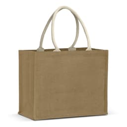 A jute tote bag in a natural brown colour with cream-coloured handles and a simple design.