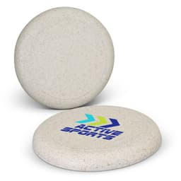A frisbee in a speckled white colour with a logo on one side and a plain surface on the other.