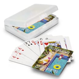 A set of colourful playing cards in a white gift case, featuring tropical-themed designs.