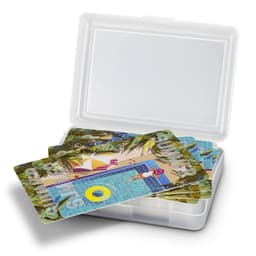 A gift case containing a set of colourful playing cards featuring a vibrant poolside design.