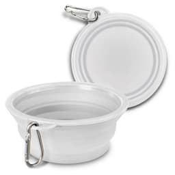 A silicone collapsible pet bowl in white with a carabiner for easy attachment. Features a smooth, circular design.