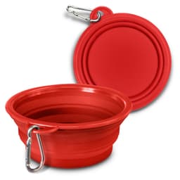 A red silicone collapsible pet bowl with a carabiner for easy attachment. Features a smooth, rounded design.