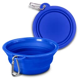 A blue silicone collapsible pet bowl with a carabiner for easy attachment. The bowl can be folded flat for storage.