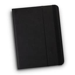 A black tablet case with a textured surface and a black elastic strap, featuring a logo.