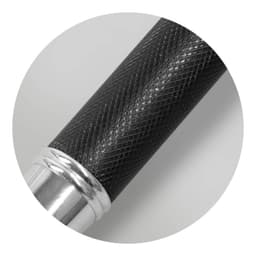 A metal pen with a textured black grip and a shiny silver tip, featuring a logo.