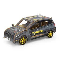 A wooden model of a hatchback car featuring black and yellow detailing, with an auto repair theme.