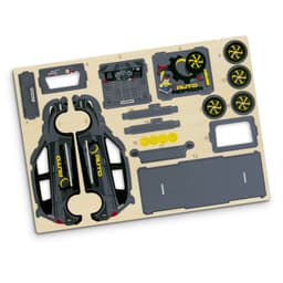 A wooden model kit featuring pieces in black and yellow for assembling a hatchback car. Includes wheels and body components.