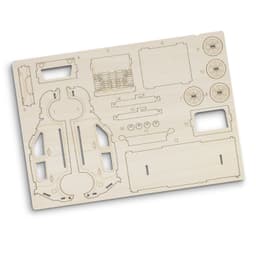 A wooden model kit of a hatchback car featuring intricate cut-out pieces, awaiting assembly.