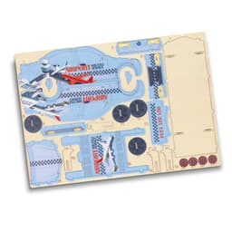 A wooden model kit featuring an airport layout with planes and various structures, predominantly in blue and beige.
