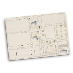 A wooden model kit for a small truck featuring laser-cut pieces in natural wood colour. Includes details for assembly.