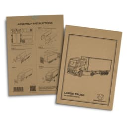 Assembly instructions for a large wooden truck model in a brown cardboard package, featuring a logo.