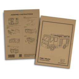 A cardboard packaging featuring assembly instructions for a fire truck wooden model, with illustrations and simple steps.