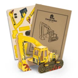 A yellow excavator wooden model kit with printed components and assembly instructions, presented in a kraft packaging.