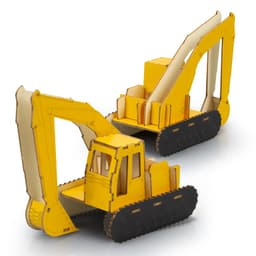 A yellow wooden model of an excavator with black tracks and an intricate design. It has a logo on the side.