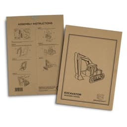 A brown cardboard package featuring assembly instructions for a wooden excavator model, with illustrations and a logo.