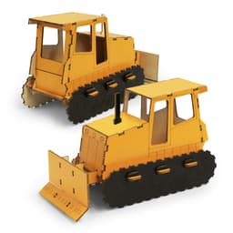 A yellow wooden bulldozer model with black tracks and a frontal blade, featuring a simplistic design.