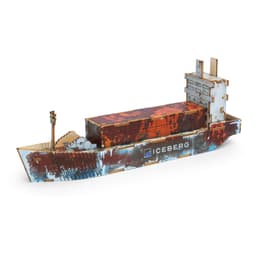 A wooden model of a cargo ship in various shades of brown, with detailed textures and a logo on the side.