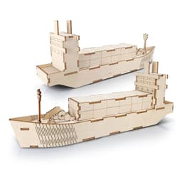 A wooden model of a cargo ship, featuring a natural wood finish with detailed sections and containers.