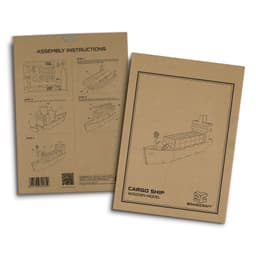 A brown cardboard packaging for a wooden cargo ship model featuring assembly instructions and a logo.