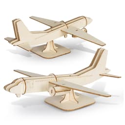 A wooden model jet plane in a light natural finish, featuring a detailed design and a sturdy base.