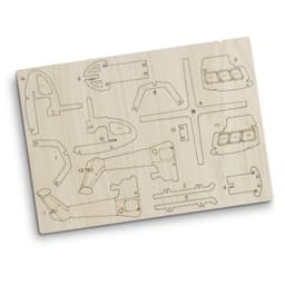 A wooden model helicopter kit featuring various laser-cut pieces in natural wood colour. Includes detailed outlines for assembly.