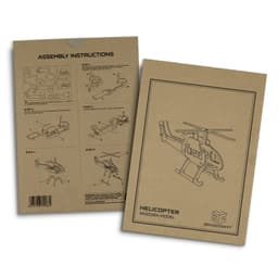 A cardboard packaging featuring assembly instructions for a wooden helicopter model with diagrams and steps.