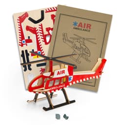 A wooden model helicopter in red and white, with assorted assembly pieces and packaging for the BRANDCRAFT product.