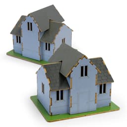 A wooden model of a house featuring a blue exterior, grey roof with shingles, and a green base. It has a logo.