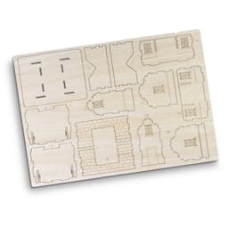 A wooden model kit featuring laser-cut pieces in natural wood, ready for assembly into house shapes.