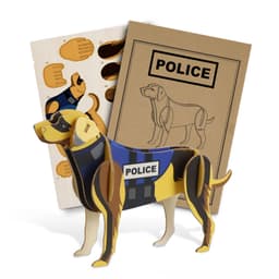 A wooden model of a police dog in brown and black, accompanied by assembly sheets and packaging.