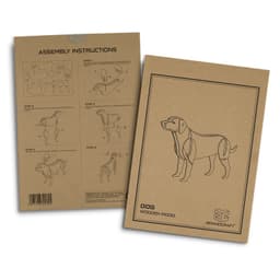 Assembly instructions for a wooden dog model, featuring diagrams in black on a brown background. Contains a logo.