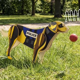 A wooden model of a police dog in yellow and black, standing on grass with a red ball nearby.