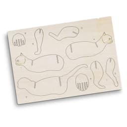 A wooden model kit featuring outlined pieces to construct a cat, crafted from light-coloured wood.