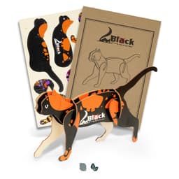 A wooden model of a cat in black and orange, with assembly parts and packaging included.