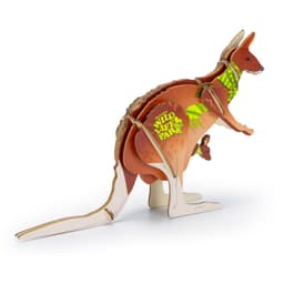 A wooden kangaroo model in brown and green, featuring a small joey, designed as a novelty item.