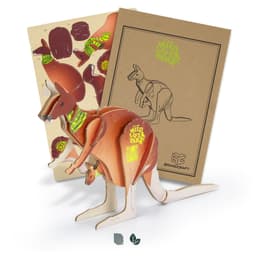 A wooden kangaroo model in brown, featuring various pieces and a design template, presented in a cardboard package with a logo.