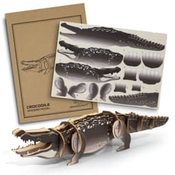 A wooden model crocodile in brown and grey, displayed next to its assembly instructions.