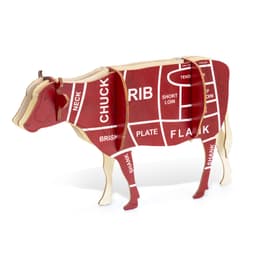 A wooden model of a cow in red and natural wood, featuring detailed sections labelled with meat cuts.